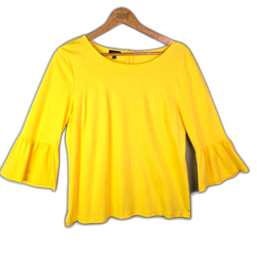 Talbots Blouse Yellow L Bell Sleeve 100 Cotton Boho Back Zip Swing
